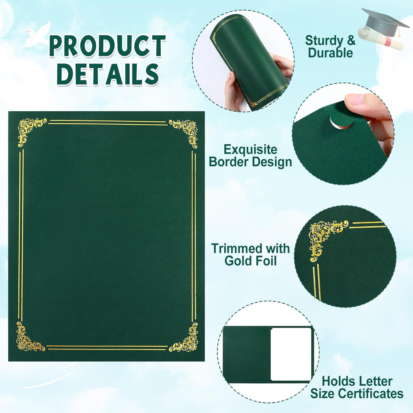 gisgfim 100Pcs Certificate Holders Diploma Covers Single Sided Gold Foil Border Award Certificate Covers for Letter Size 8.5x11 Certificates Cardstock Document Papers Storage Organizer (Green)