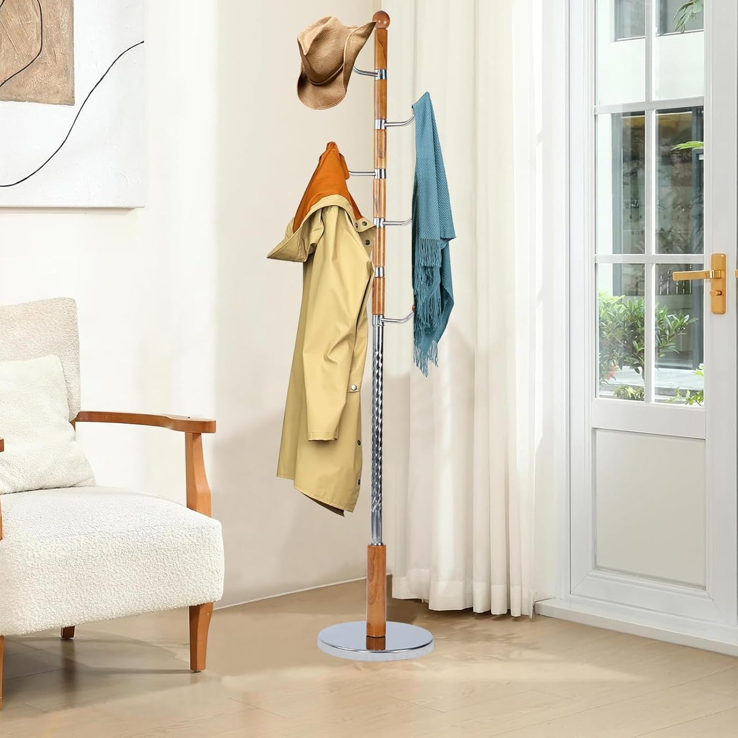 Wood Coat Rack Freestanding, Natural Coats Tree Stand with 14 Hooks, 73" Sturdy and Easy Assembly Coat Rack Stand for Entryway, Hallway, Bedroom, Bags, Hats (Metal Disc Base, Swivel Hook)