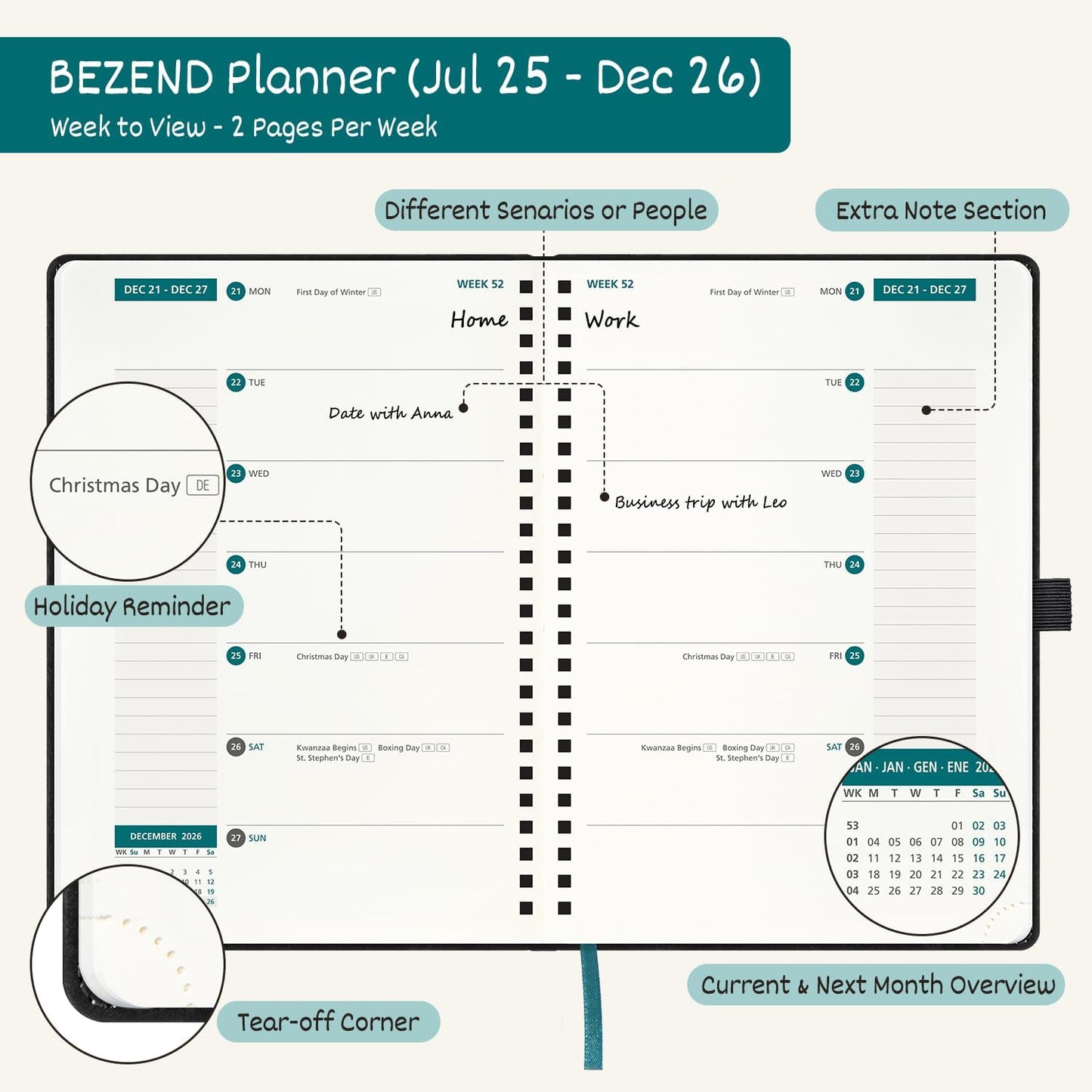 BEZEND Weekly Planner 2025-2026 with 2 Columns, 8.5" x 11" Academic Calendar 18 Months (Jul 25-Dec 26) Life Work Appointment Book with Monthly Tab, PU Leather Softcover Spiral - Fruit Green