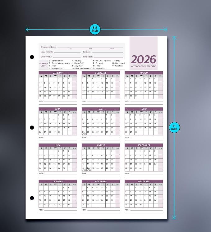 Attendance Calendar Employee Card Attendance Record Tracker 2026, Heavy 100lb - Image 5