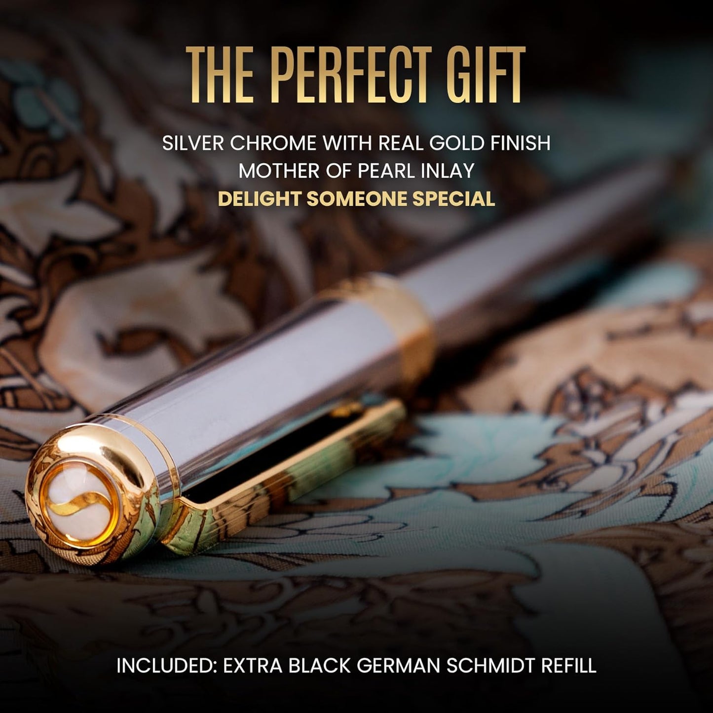 Scriveiner Personalized Silver Chrome Rollerball Pen - Stunning Luxury Pen, Real Gold Plating, Schmidt Ink Refill, Best Engraved Roller Ball Gift Set for Men & Women, Custom Name Engraving