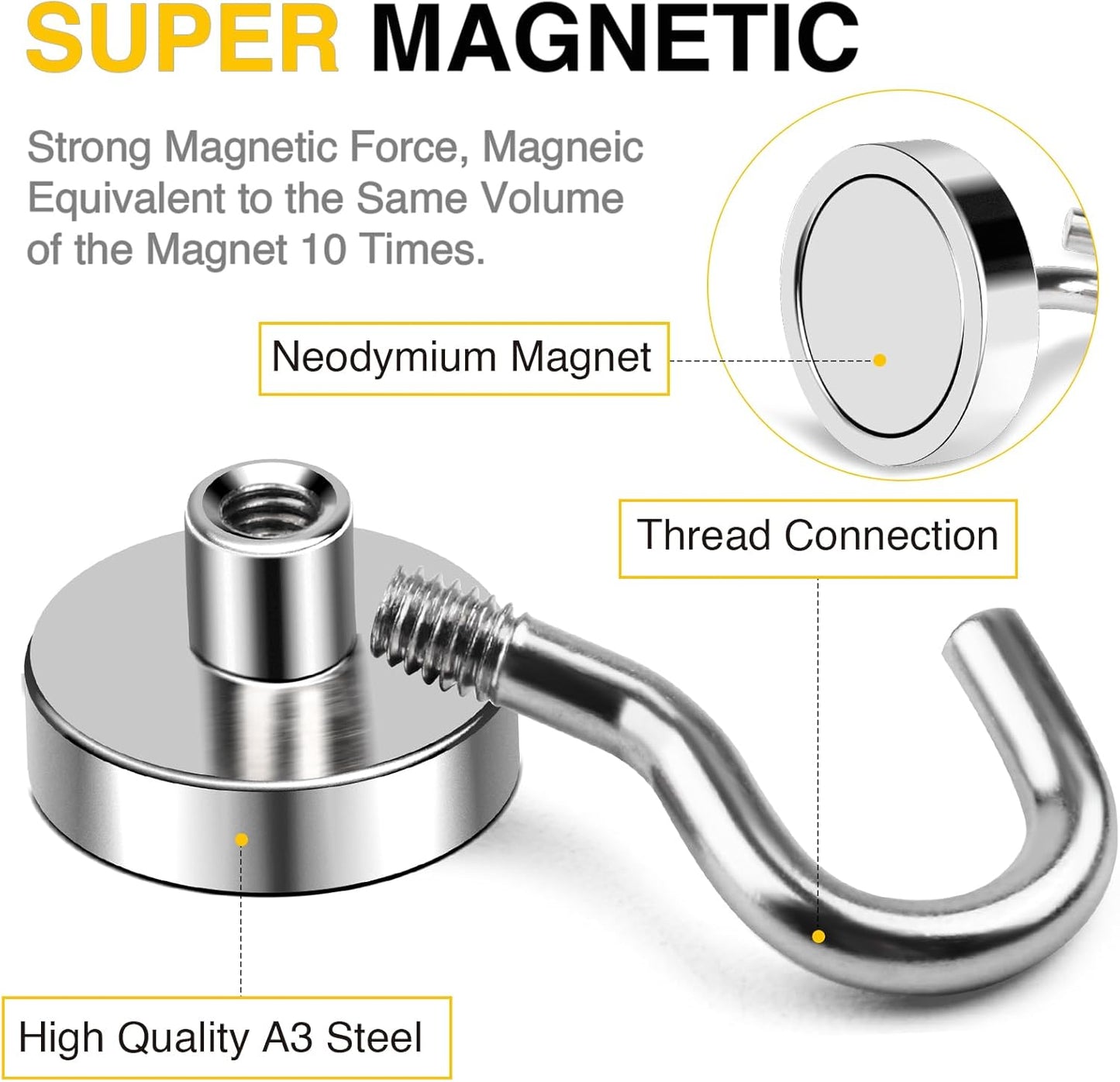 DIYMAG Magnetic Hooks, 50 LB Heavy Duty Magnets, 6 Packs Strong Rare Earth Neodymium Magnet Hook for Hanging, Magnetism Hanger for Curtain, Home, Kitchen, Workplace
