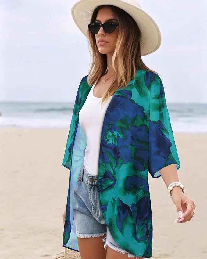Women's Floral Print Puff Sleeve Kimono Cardigan Loose Cover Up Casual Blouse - Image 5