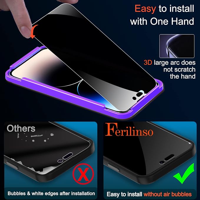 Ferilinso 3 Pack for Apple iPhone 14 Pro Privacy Screen Protector Tempered - Image 6