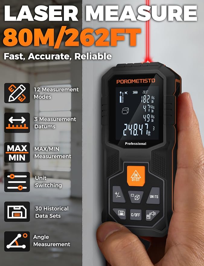 Laser Distance Meter POROMETISTO 262ft/80m, Digital Angle Finder, 12 Modes - Image 2