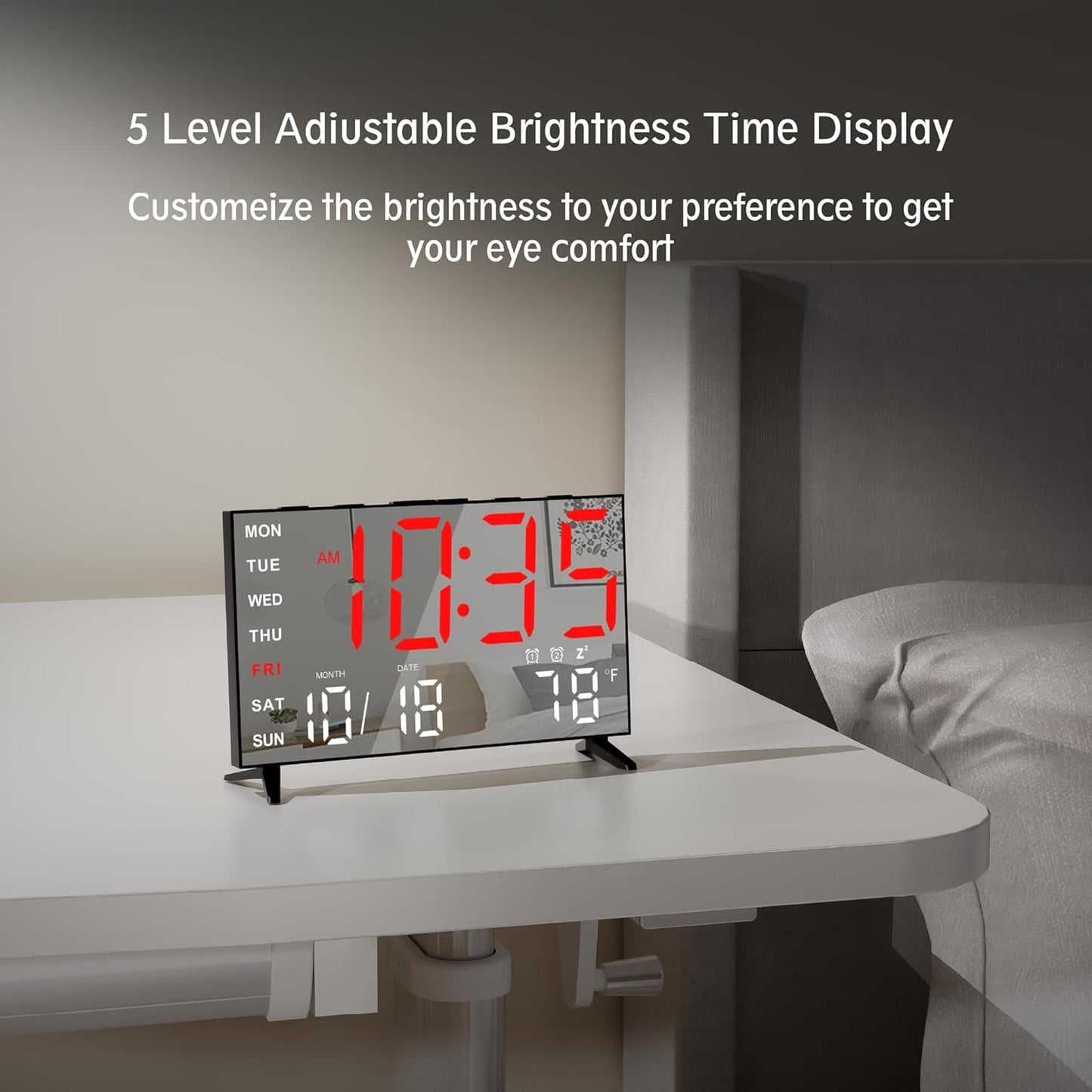 Mirror Digital Loud Alarm Clock,Indoor Temperature,USB Charging Port,Dimmer,Dual Alarms,Adjustable Volum,12/24H,Snooze,Perfect for Bedroom and Living Room (Black+Red Digit)