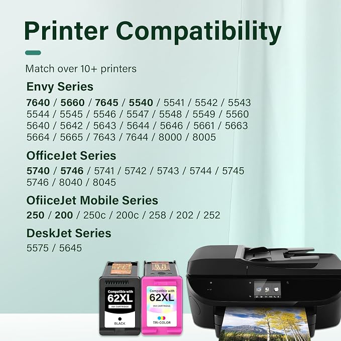 62XL 62 Envy 7640 Ink Cartridges Black and Color Combo Pack Replacement - Image 2