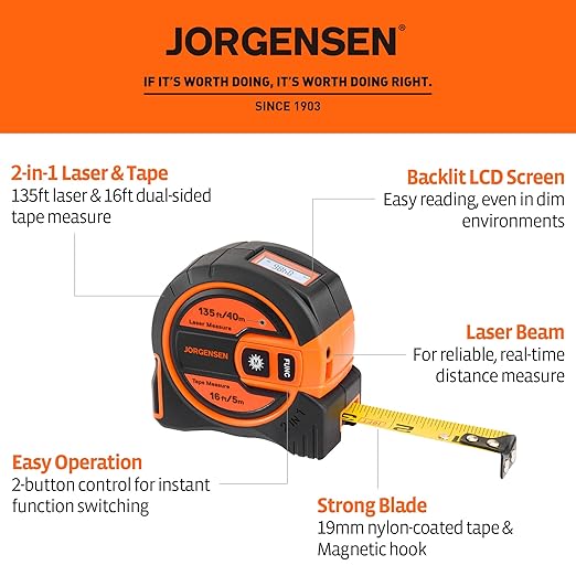 JORGENSEN Laser Tape Measure 2-in-1, 135Ft Laser Measuring Tool & 16Ft - Image 2