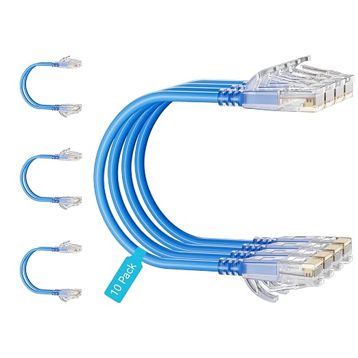 Cat6 Slim Patch Cables 1 Feet 10-Pack Blue, Cat6a Patch Cables 10Gbps 550MHz by Unknown