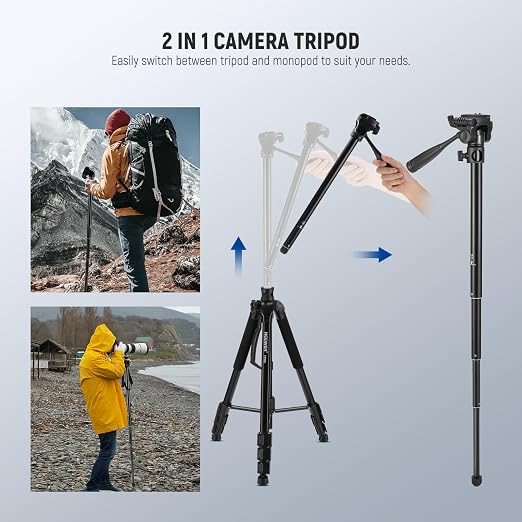 NEEWER Basics TP05 74" Video Tripod Monopod, 3 Way Pan Tilt Head Phone Holder - Image 3