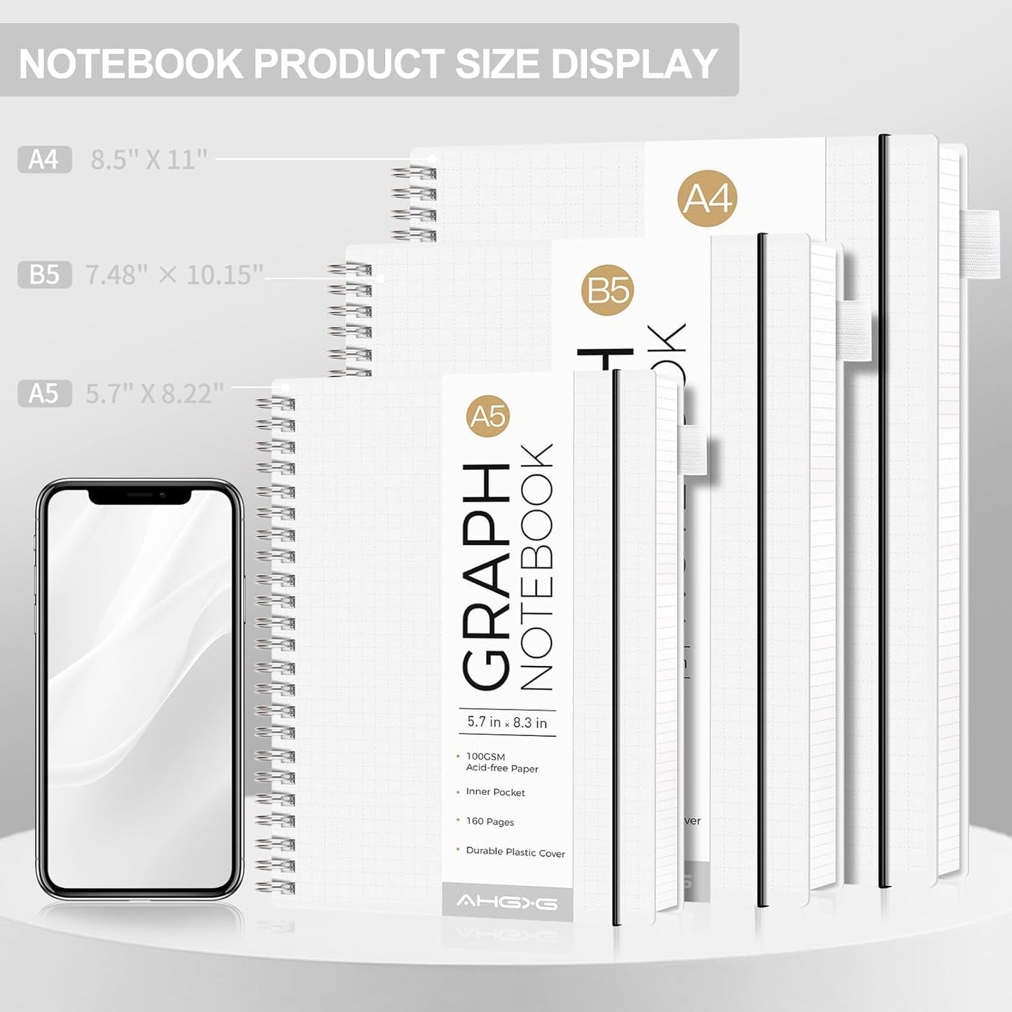 AHGXG Graph Paper Notebook - Spiral Notebook 8.5" x 11", A4 Large Graph Notebook, 100 gsm Thick Grid Paper, Waterproof Plastic Cover Journals for School Writing Engineering Math, Transparent
