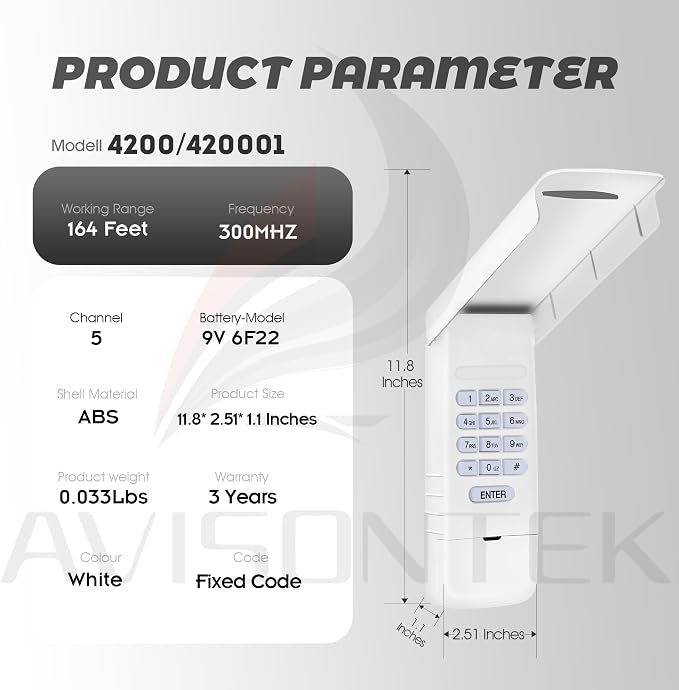 Avisontek for 300MHZ Multicode Gate Opener Keypad, 4200 420001 Wireless Keyless - Image 8