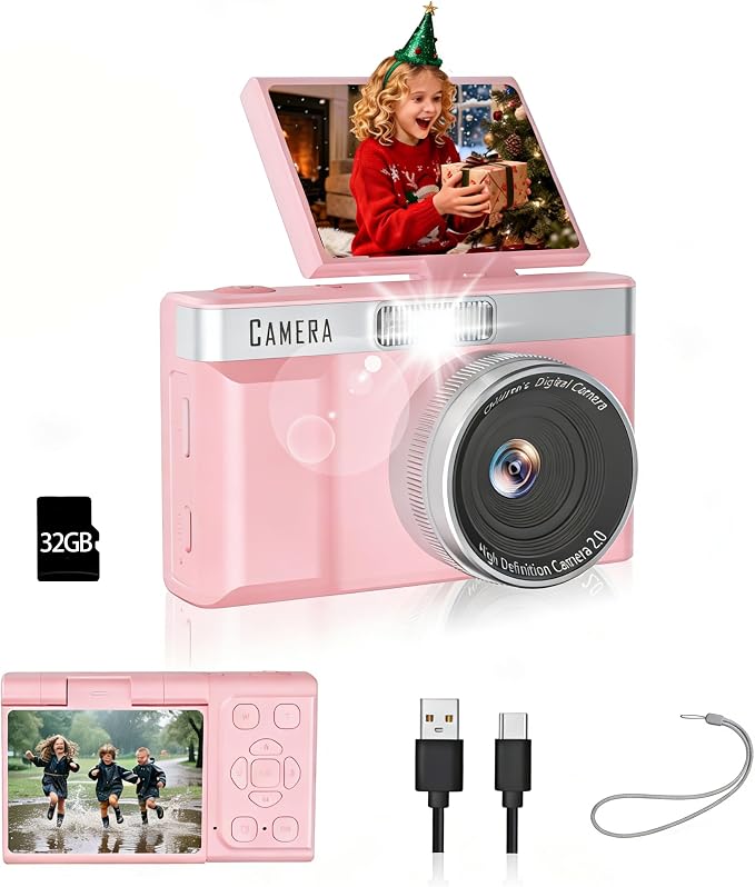 Kids Digital Camera with 180° Flip Screen, 32GB Memory Card Digital Cameras by Unknown
