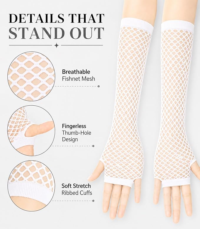 Seeksmile Women's Girls 80's Theme Party Emo Fingerless Arm Fishnet Gloves - Image 6
