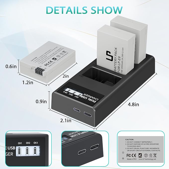 LP-E8 Battery Charger Set, LP 3 Pack LPE8 Replacement Battery & Triple Slot - Image 3