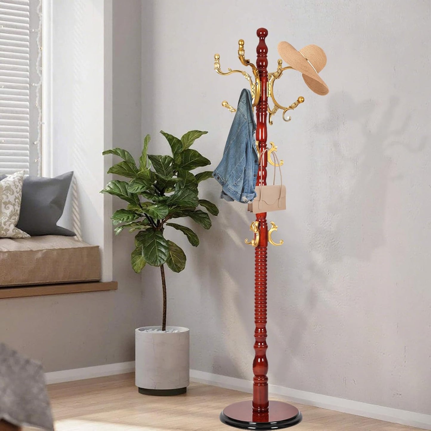 Wooden Coat Rack Freestanding with Resin Hooks, Adjustable Heavy Duty Stand for Hanging Coats, Bags, Hats, and Umbrellas in Living Room, Bedroom, Entryway (Begonia wood color)