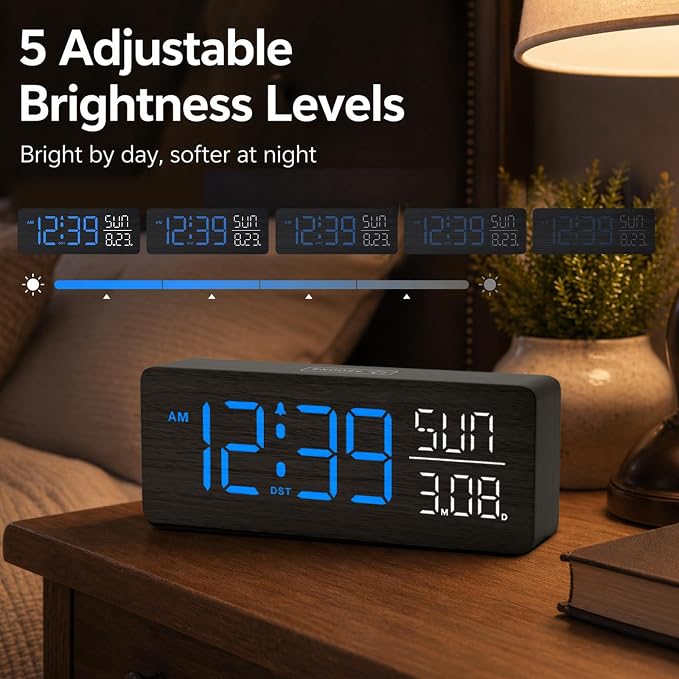 Peakeep Wooden Digital Alarm Clock Large Display, Textured Decoration - Image 4