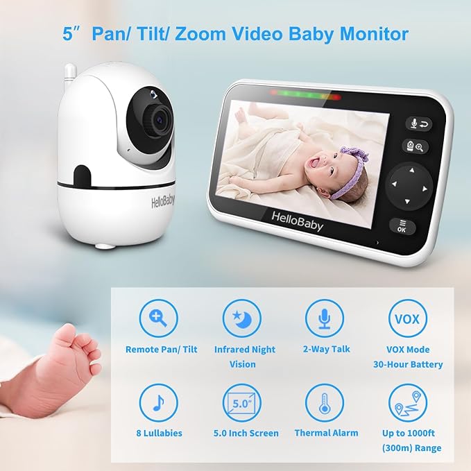HelloBaby No WiFi Baby Monitor 5" Screen 30-Hour Battery Pan-Tilt-Zoom Video - Image 2