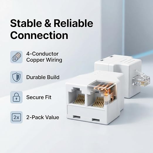 Phone Line Splitter, 2 Pack RJ11 6P4C Telephone Jack Adapter 1 Male to Dual - Image 3