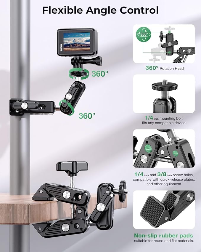 Super Clamp Camera Mount, 360° Dual Ballhead Magic Arm, 1/4"-20 & 3/8"-16 - Image 3
