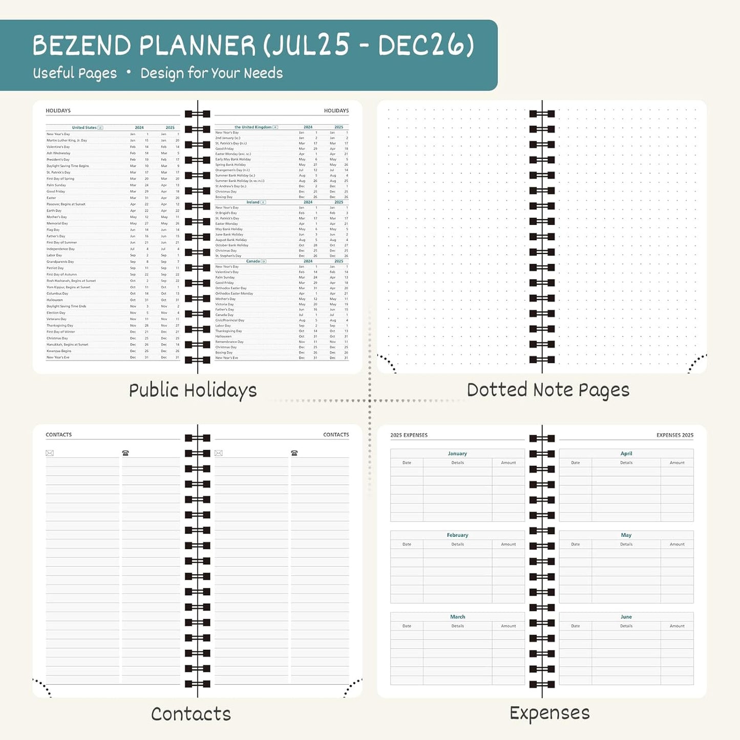 BEZEND Pocket Planner 2025-2026 Weekly and Monthly, 3.5" x 6" Academic Planner (Jul 25-Dec 26) 18-Month Mid-Year Calendar Book, Storage Pocket, Pen Holder, PU Leather Softcover, Spiral - Black