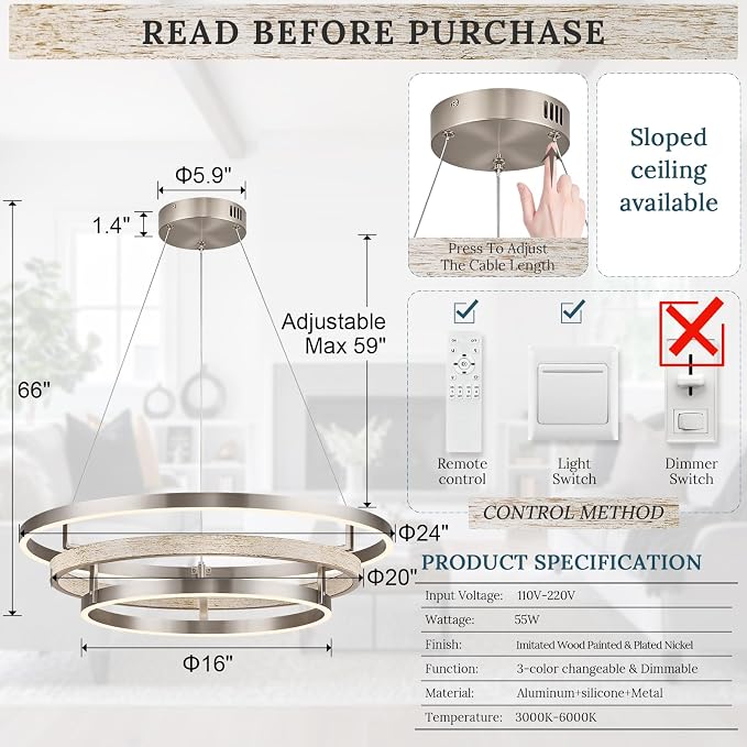 3 Ring LED Chandelier Nickel Round Chandelier Light Fixture Dimmable Foyer - Image 6