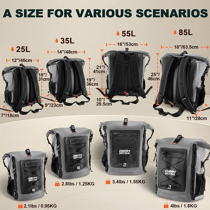 OSAH DRYPAK Waterproof Backpack Dry Bag 35L/55L/85L – Heavy Duty Roll-Top - Image 2