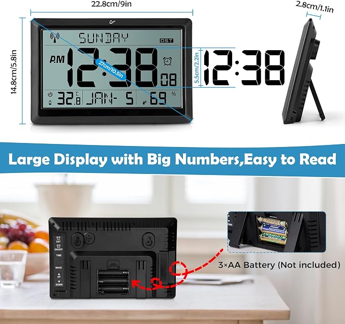 SZELAM Atomic Clock, 10.5"Large Display Digital Wall Clock Battery Operated - Image 6