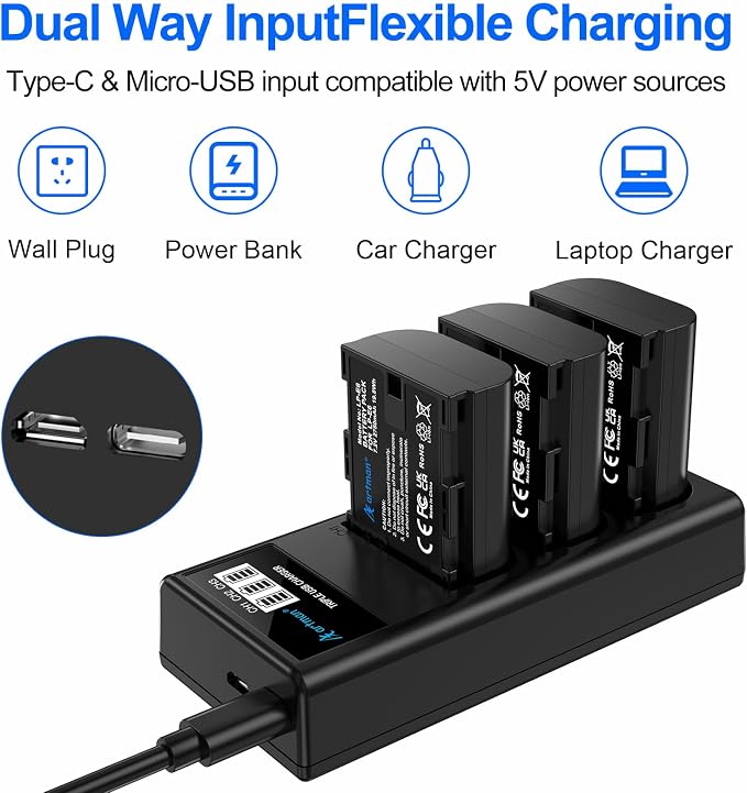 Artman LP-E6N LP-E6 Battery 3-Pack 2750mAh and 3-Slot LCD Charger - Image 6