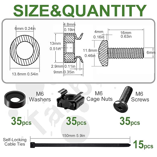 120Pcs M6 x 16mm Rack Mount Cage Nuts, Washers and Self-Locking Cable Ties - Image 2