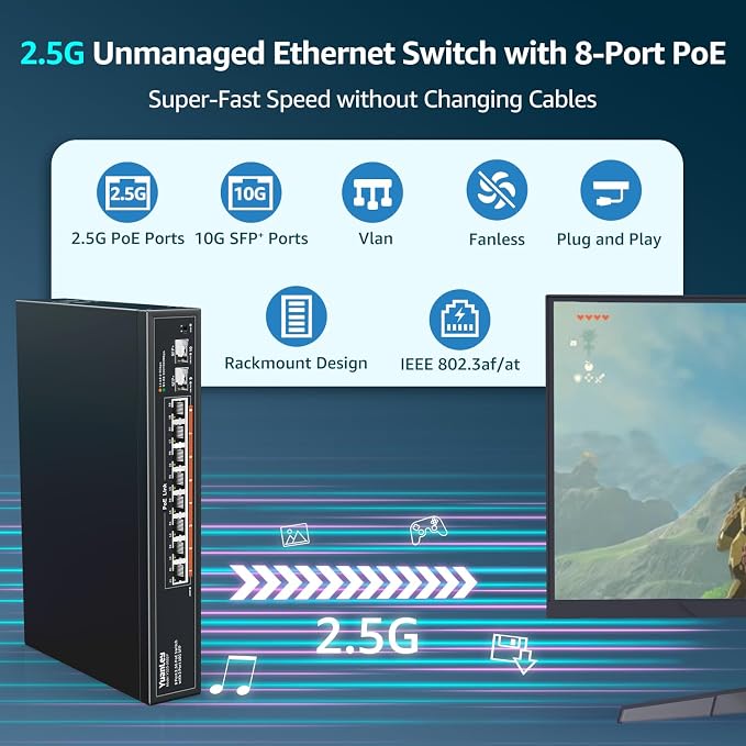 YuanLey 10 Port 2.5G PoE Switch Unmanaged, 8 x 2.5G Base-T PoE Ports, 2 x 10G - Image 2