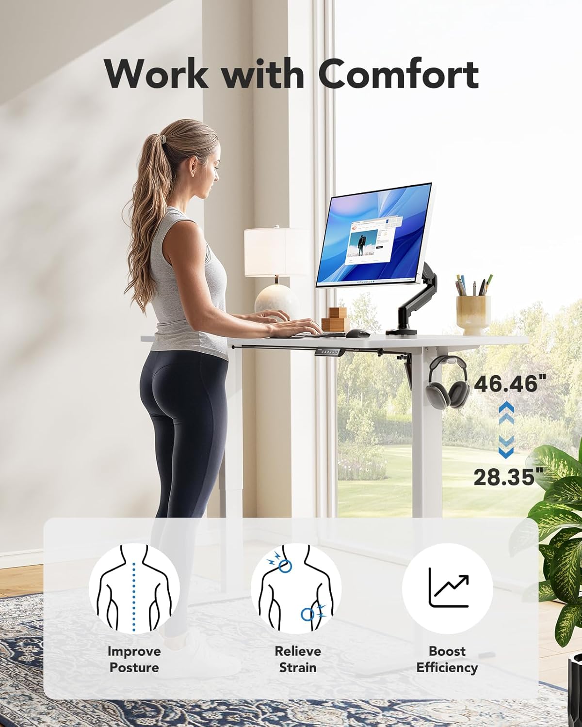HUANUO Electric Standing Desk, 60" x 24" Whole Piece Desktop, Adjustable Height Computer Desks, 4 Height Memory Settings, Sit Stand Up Desk for Home Office, Light Vintage