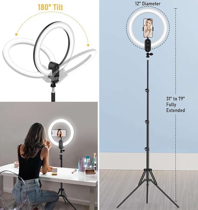 12 inch Ring Light with Stand 2800mAh Rechargeable, LED Circle Selfie Cordless - Image 6