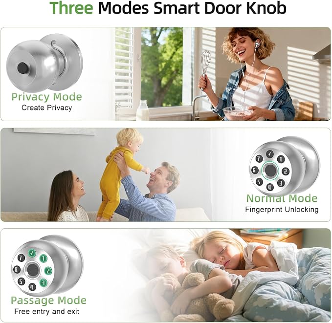 Fingerprint Door Knob, Smart Biometric Lock, Satin Nickel | Code & App Control - Image 4