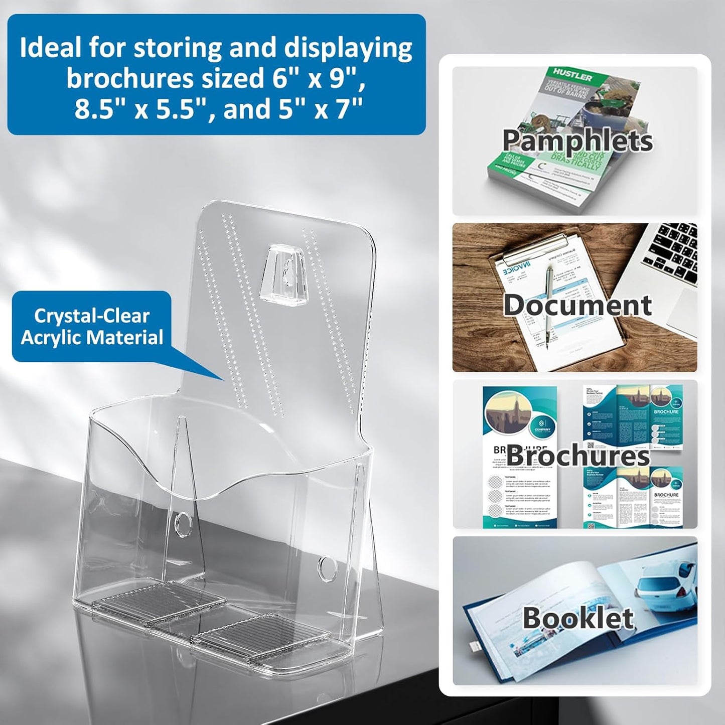 Acrylic Brochure Holder 6 x 8 Inch, Clear Slant Back Display Stand for 5.5 x 8.5 & 5 x 7 Inch Flyers, Pamphlets, Table Signs – Plastic Paper Holder for Office, Home, Store, 6 Pack