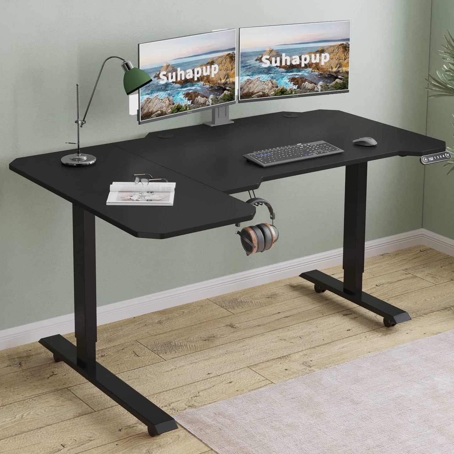 Electric Height Adjustable Standing Desk, 59 L-Shaped Sit - Stand Desk for Work or Home Office Push Button Memory Settings Black Splice Board/Black Frame