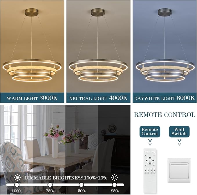 3 Ring LED Chandelier Nickel Round Chandelier Light Fixture Dimmable Foyer - Image 5