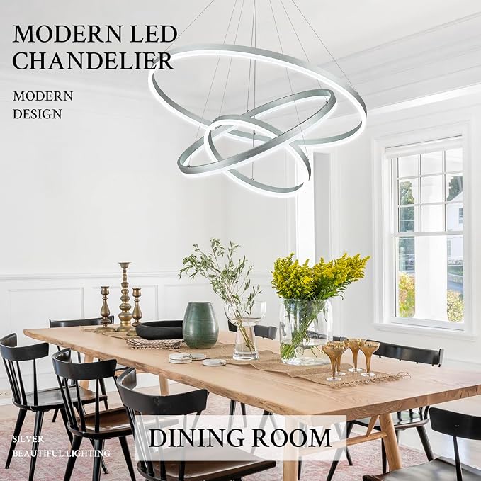 3-Rings Modern LED Chandelier Silver, Dimmable Pendant Lighting - Image 4