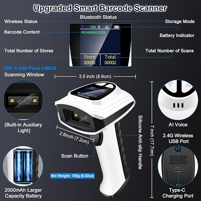 KUIIYER 1D QR 2D Barcode Scanner, Handheld Barcode Reader - Image 3