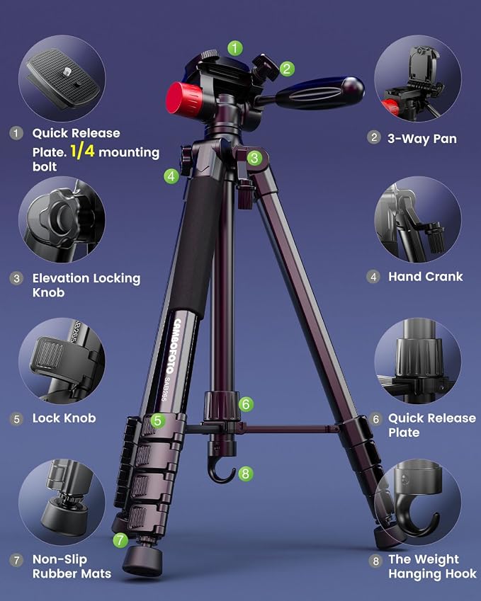 CAMBOFOTO 74"-Camera-Tripod, Porfessional Aluminum Heavy Duty Tripod Stand - Image 6