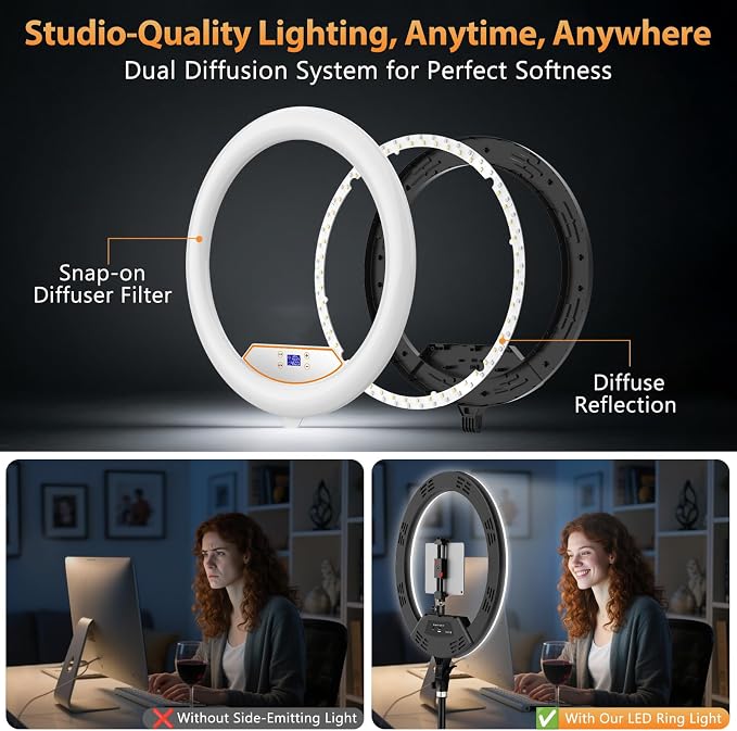 22'' Ring Light with 75'' Tripod Stand, LED Display/2 USB Ports/6500K Dimmable - Image 8