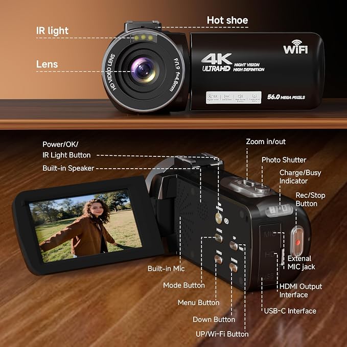 Video Camera, 4K Camcorder 56MP Digital Video Recorder 18X Zoom 3" 270° - Image 9