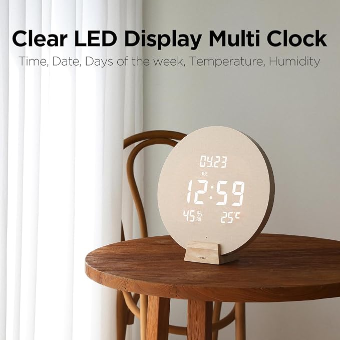 mooas Wood Moon Cordless Digital LED Wall Clock, Time Week Temperature & - Image 5