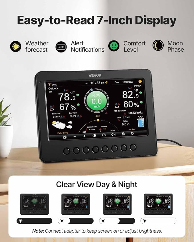 VEVOR 7-in-1 Wi-Fi Weather Station, 7-Inch TFT Display, Wireless Solar Powered - Image 6