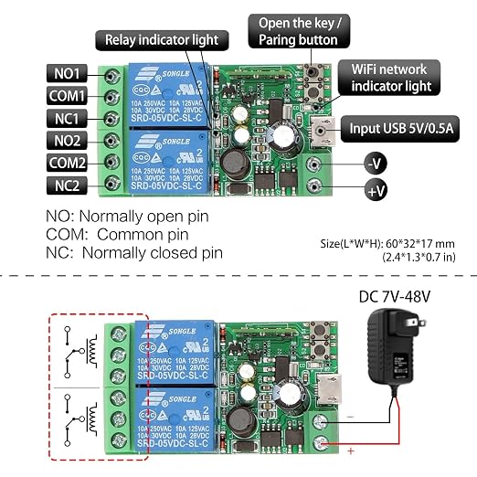 DieseRC 2 Channels WiFi Smart Switch, DC 5V 12V 24V 36V Passive Output Relay - Image 6