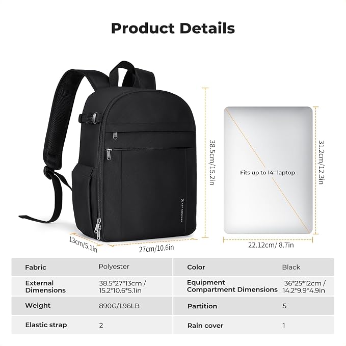 K&F CONCEPT Lightweight Camera Backpack Bag, Professional Photography Bag - Image 8