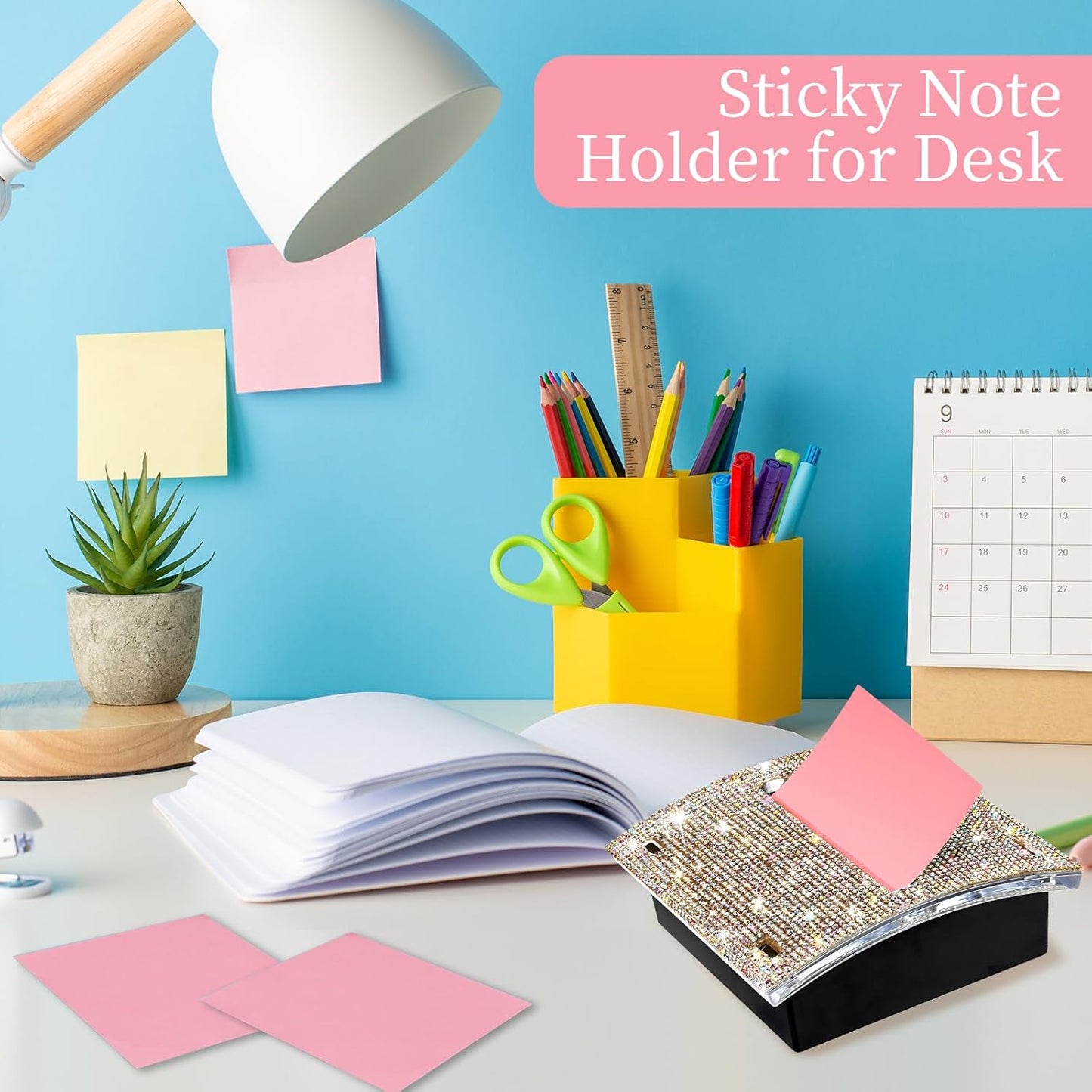 Rhinestone Self Sticky Note Holder Post it Note Dispenser Pop-Up Sticky Notes Dispenser 4 x 4 Inches Post it Dispenser for Desk (Rose Gold)