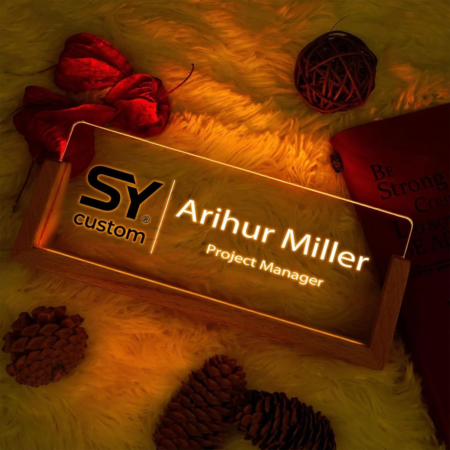 Custom Name Plate for Desk with Light Up Acrylic & Wooden Base - Personalized Office Sign for Teacher, Boss, Coworker - Employee Appreciation Gift for Educators Professionals