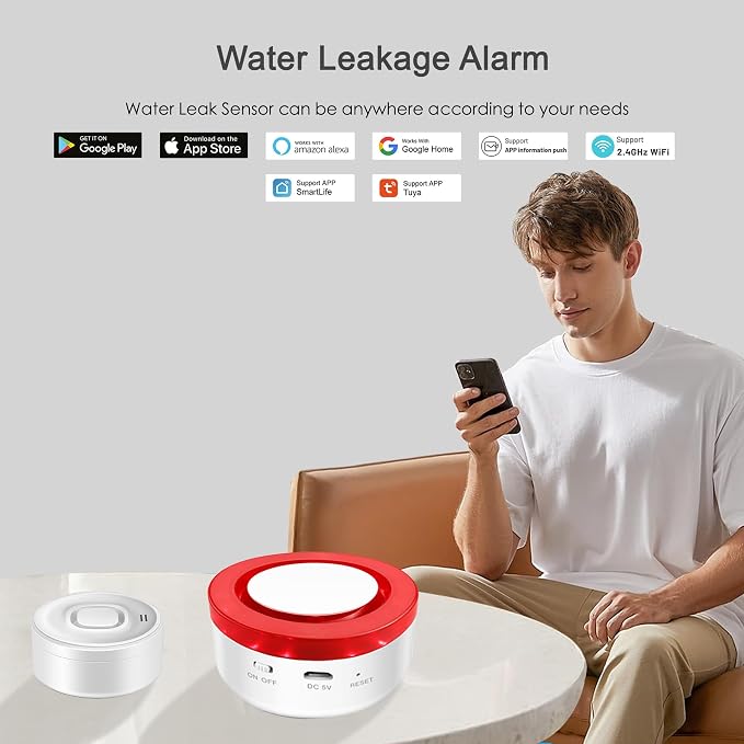 WiFi Water Leak Detector: Smart Water Sensor Alarm, 100dB Adjustable Alarm and - Image 2