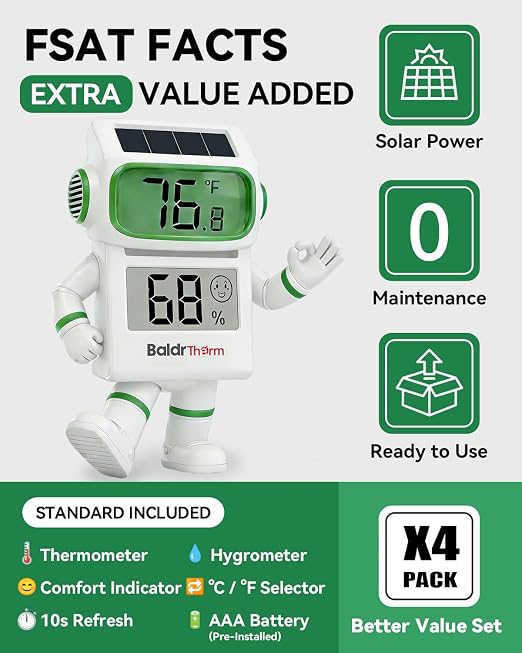 BALDR 4-Pack Digital Hygrometer Thermometer, Solar Power - Image 2
